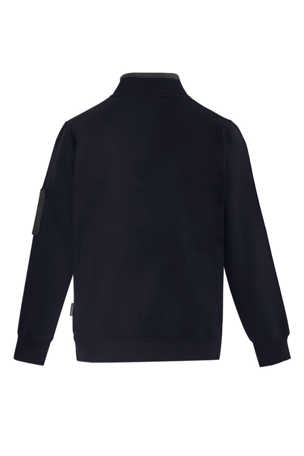 The Syzmik Half Zip Pullover, crafted from durable fleece, is a black jacket with a mock neck collar and long sleeves. It features a zip pocket on the left sleeve along with ribbed cuffs and hem, as shown when viewed from the back.