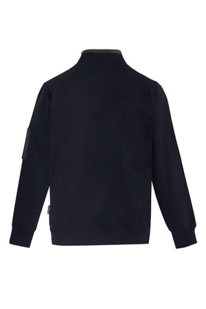 The Syzmik Half Zip Pullover, crafted from durable fleece, is a black jacket with a mock neck collar and long sleeves. It features a zip pocket on the left sleeve along with ribbed cuffs and hem, as shown when viewed from the back.