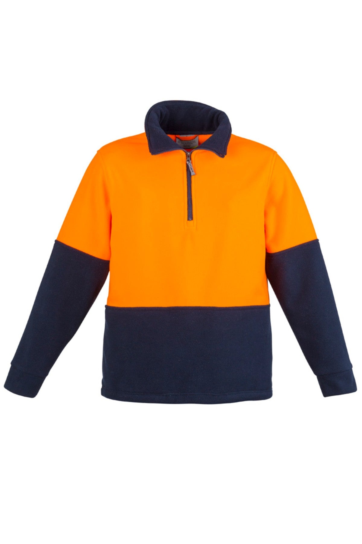 The Syzmik Hi Vis Half Zip Polar Fleece Jumper features a bright orange upper and navy lower section, long sleeves, a half-zip front, and is made from 100% polyester for visibility, durability, and warmth.