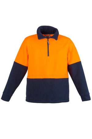 The Syzmik Hi Vis Half Zip Polar Fleece Jumper features a bright orange upper and navy lower section, long sleeves, a half-zip front, and is made from 100% polyester for visibility, durability, and warmth.