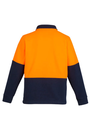 The Syzmik Hi Vis Half Zip Polar Fleece Jumper features long sleeves, heavyweight 100% polyester, a bright orange top half, and a navy blue bottom half. Shown from the back for clear visibility of its design.