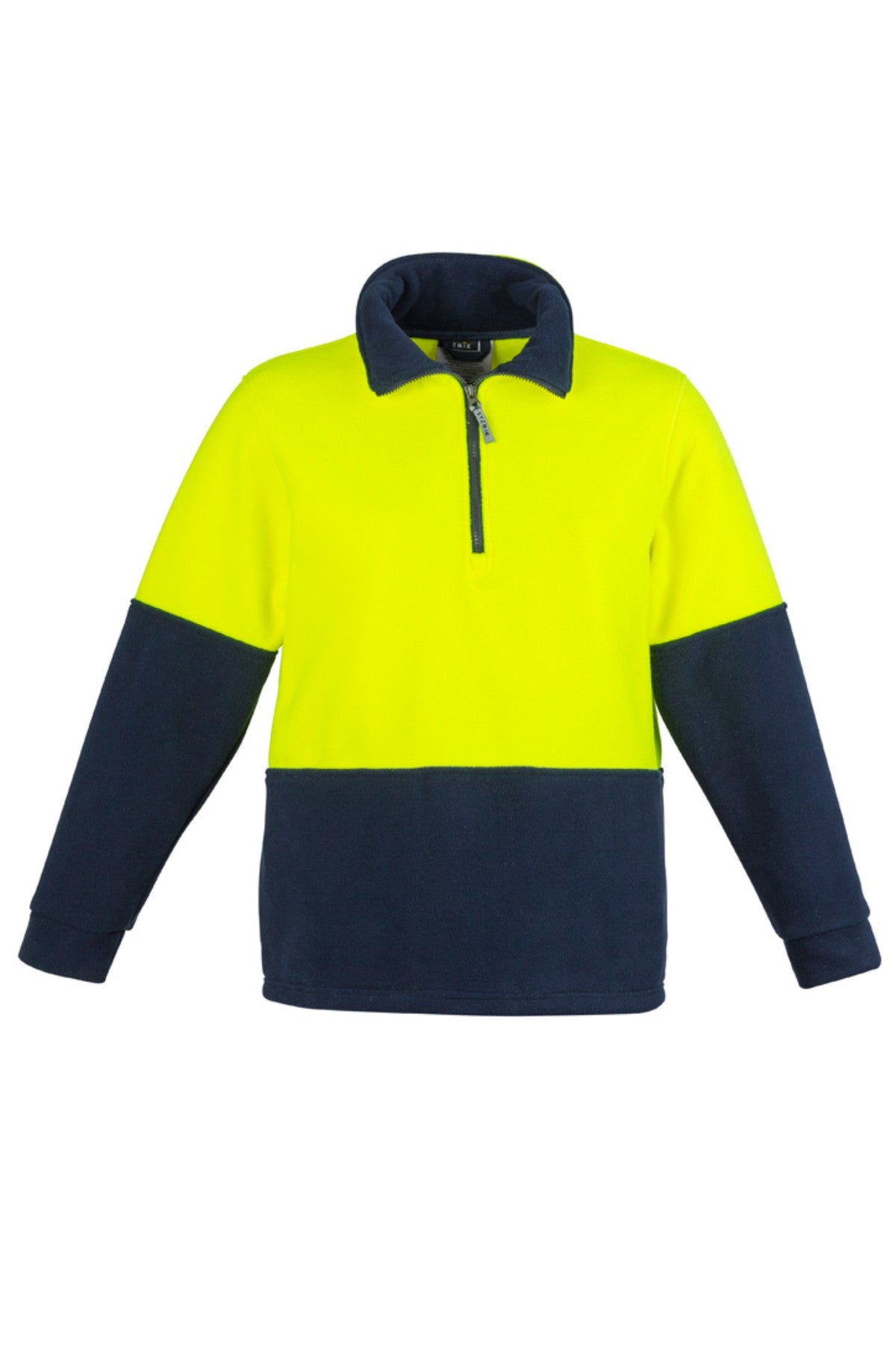 The Syzmik Hi Vis Half Zip Polar Fleece Jumper features a relaxed fit with a half-zip design. Its high-visibility upper is bright yellow, contrasted by dark blue on the lower part and sleeves, offering safety and comfort in durable polyester with a collar.
