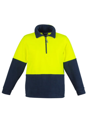 The Syzmik Hi Vis Half Zip Polar Fleece Jumper is a cozy, long-sleeved garment featuring a high-visibility yellow top half and navy blue bottom half with a zippered collar.