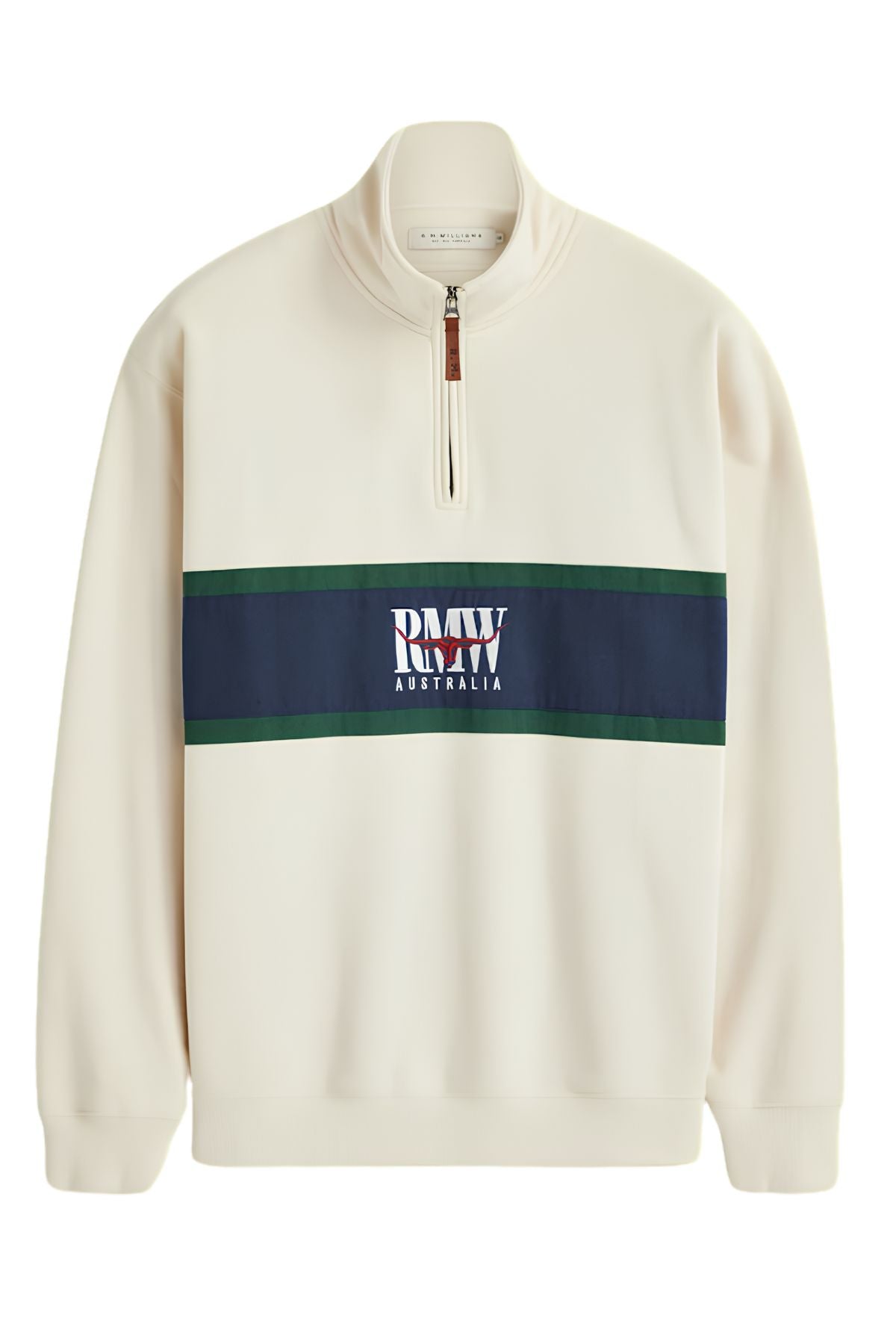 The RM Williams Classic RMW 1/4 Zip Sweatshirt is a cream pullover made from premium Australian cotton, featuring a navy and green horizontal chest stripe and "RMW AUSTRALIA" embroidered in white and red.