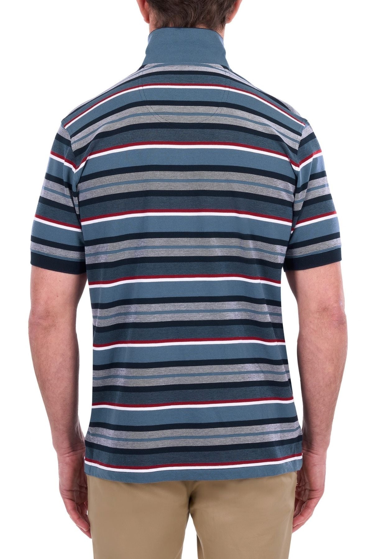 A man, seen from behind, is wearing the Thomas Cook Glenn Polo—a short-sleeved collared shirt designed in a classic multi-colour stripe pattern of blue, gray, white, and red—and tan pants.