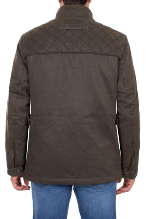 A person is seen from behind in a dark olive green Thomas Cook Marcus Jacket, shown against a white background. The faux oilskin jacket features stitched upper back detailing, sherpa lining for comfort, and buttoned sleeves.