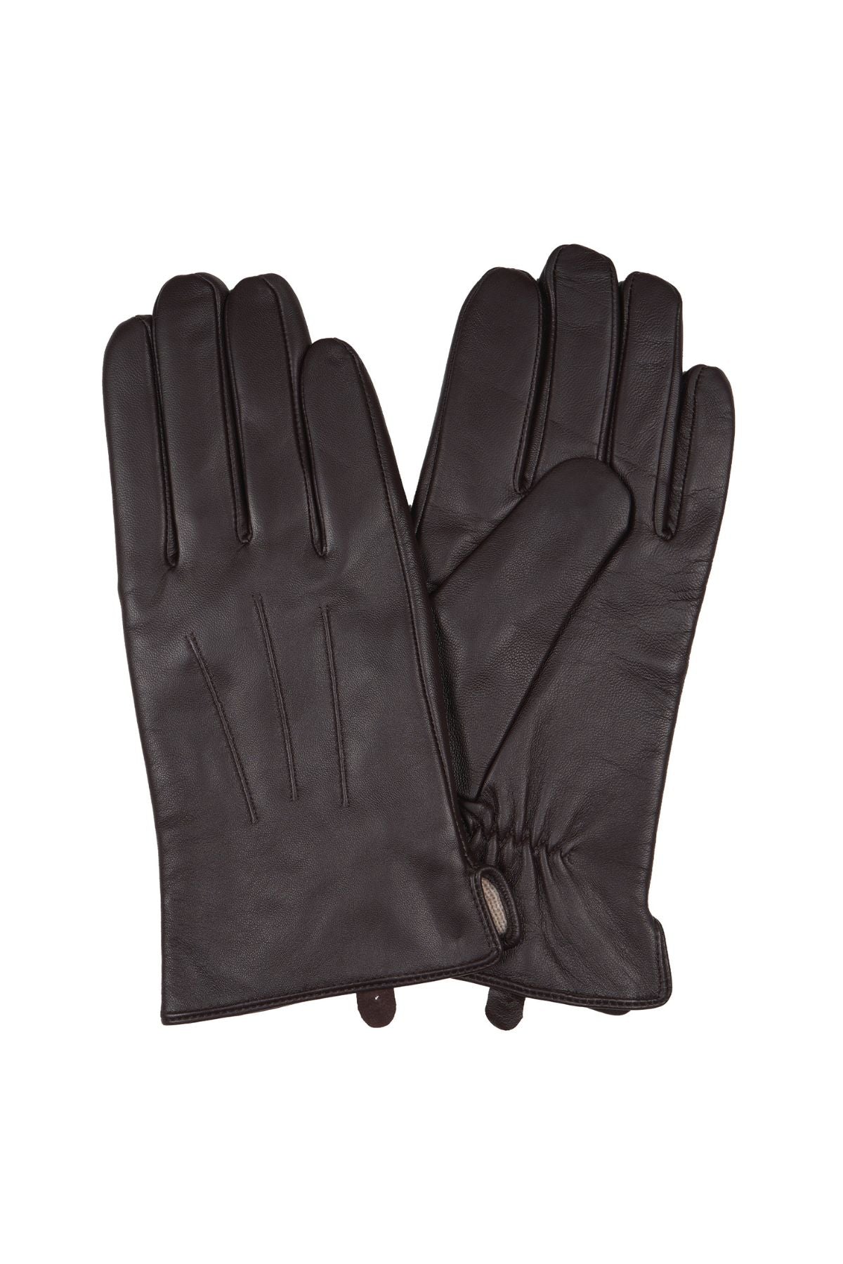 A pair of Thomas Cook Mens Leather Gloves in black, featuring three stitched lines on the back and an elasticated wrist, displayed against a white background.