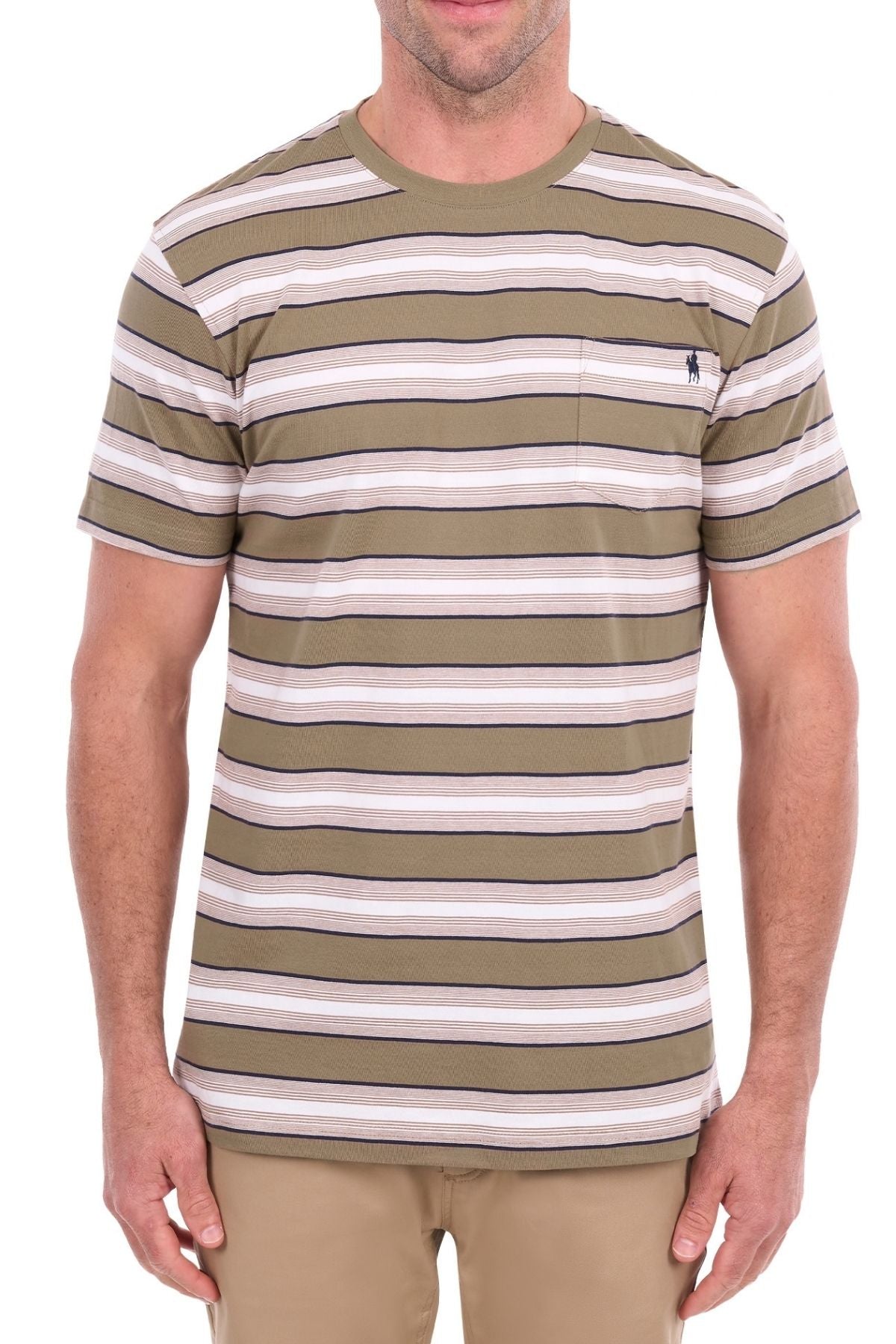 A man wearing the Thomas Cook Nick Tee—a short-sleeved, olive and beige classic stripe t-shirt made from soft cotton jersey with subtle horseman embroidery on the chest—paired with tan pants, standing facing forward.