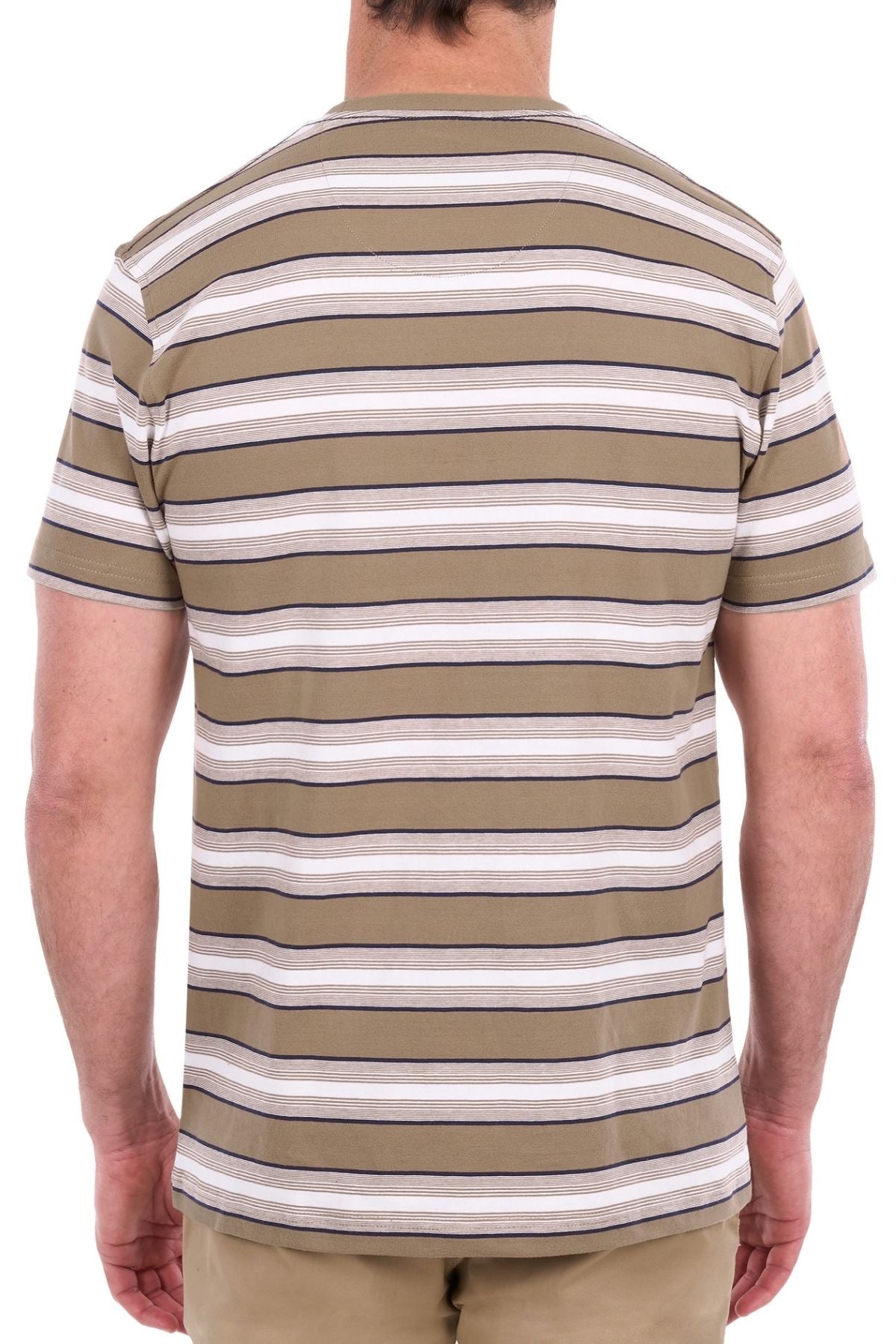 A person is seen from the back wearing the Thomas Cook Nick Tee, a short-sleeve shirt featuring tan, white, and gray horizontal classic stripes made from soft cotton jersey. They are also wearing tan pants.