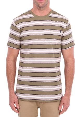 A man wearing the Thomas Cook Nick Tee—a short-sleeved, olive and beige classic stripe t-shirt made from soft cotton jersey with subtle horseman embroidery on the chest—paired with tan pants, standing facing forward.