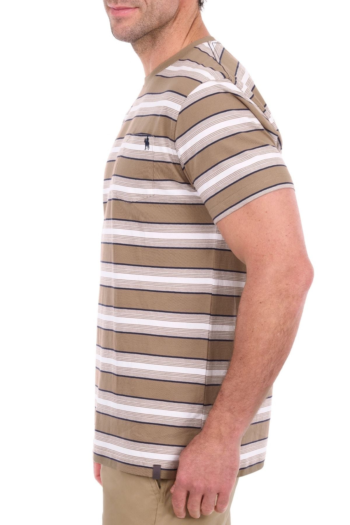 A man stands sideways, facing left, wearing the Thomas Cook Nick Tee in beige, white, and gray classic stripes. His upper body is visible against a white background, highlighting the soft cotton jersey fabric and subtle horseman embroidery on the chest.