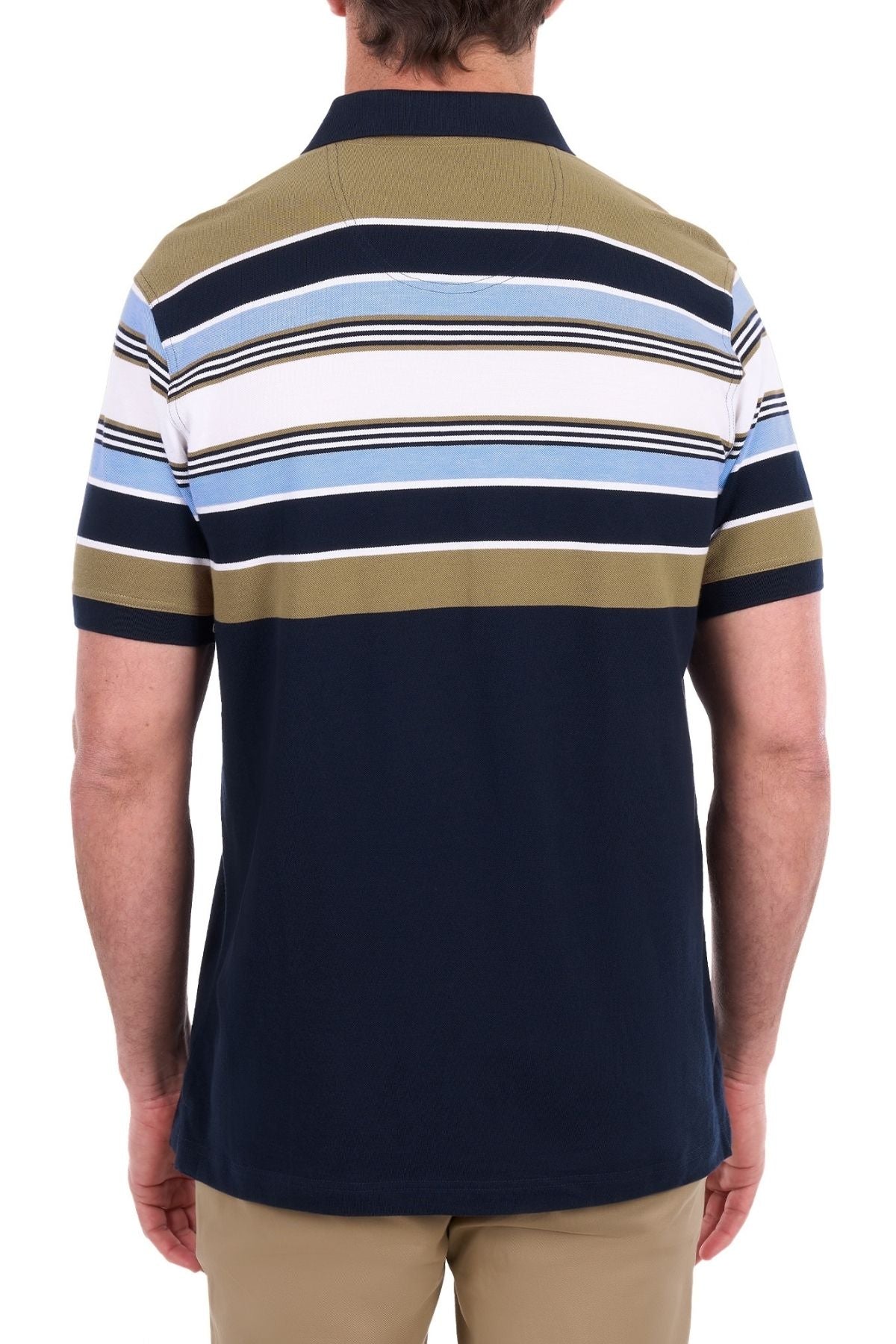 A man wearing the Thomas Cook Phillip Polo, a short-sleeve cotton pique shirt featuring multi-colour stripes in navy, olive, white, and light blue, viewed from the back. He is also dressed in khaki pants.
