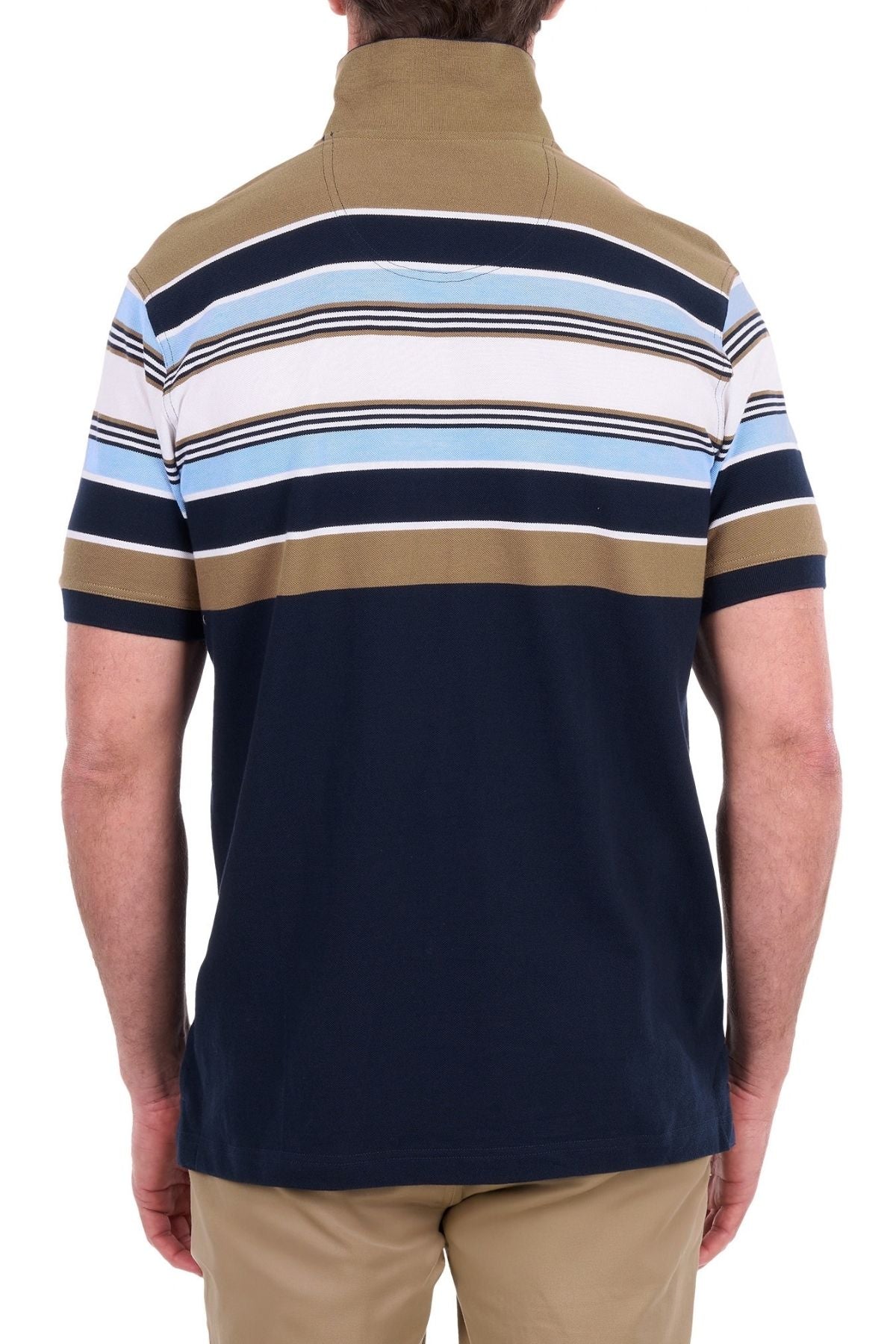 A man is seen from the back wearing the Thomas Cook Phillip Polo, a short-sleeve cotton pique shirt featuring multi-colour stripes in navy, blue, white, and brown. He is also dressed in tan pants.