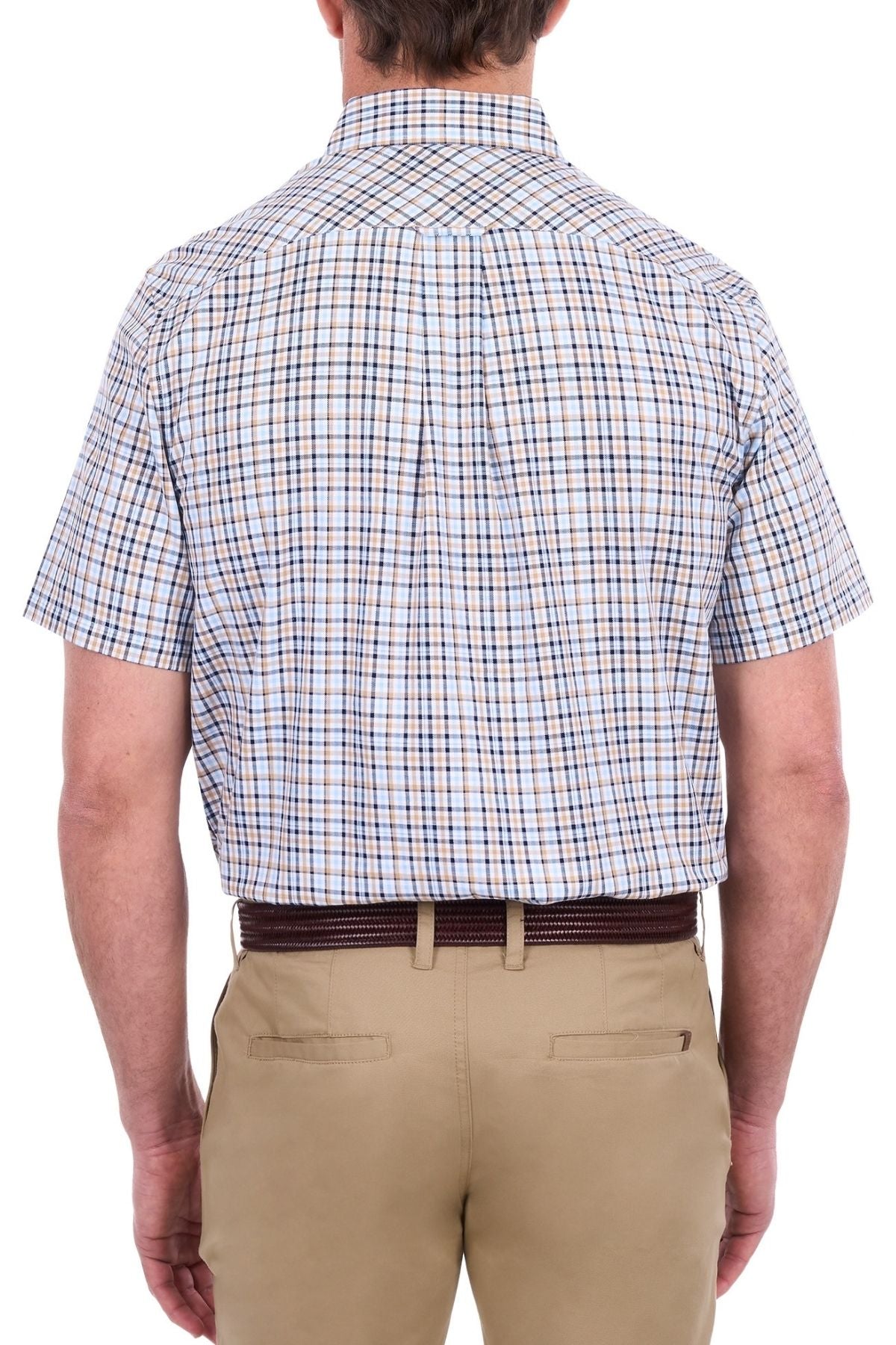 A person shown from the back against a white background is wearing the Thomas Cook Ted Short Sleeve Shirt—a blue and white cotton check shirt—tucked into khaki pants with a brown belt.