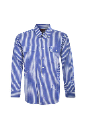 The Thomas Cook Winton Shirt is a men’s 100% cotton casual shirt with blue and white stripes, two front chest pockets with button flaps, and a pointed collar, shown on a plain white background.