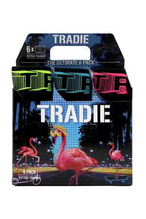 The Tradie Mens 6PK Trunk features multi-coloured waistbands, neon designs, and vibrant packaging with pink flamingos, palm trees, and a night cityscape for standout style and a comfortable fit.