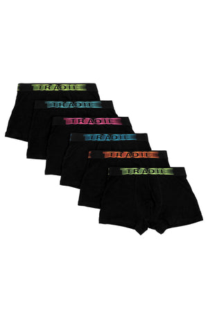 Six pairs of Tradie Mens 6PK Trunk boxer briefs in black, each with a comfortable fit and vibrant waistbands—blue, green, pink, orange, yellow, and teal—are arranged in an overlapping row on a white background.