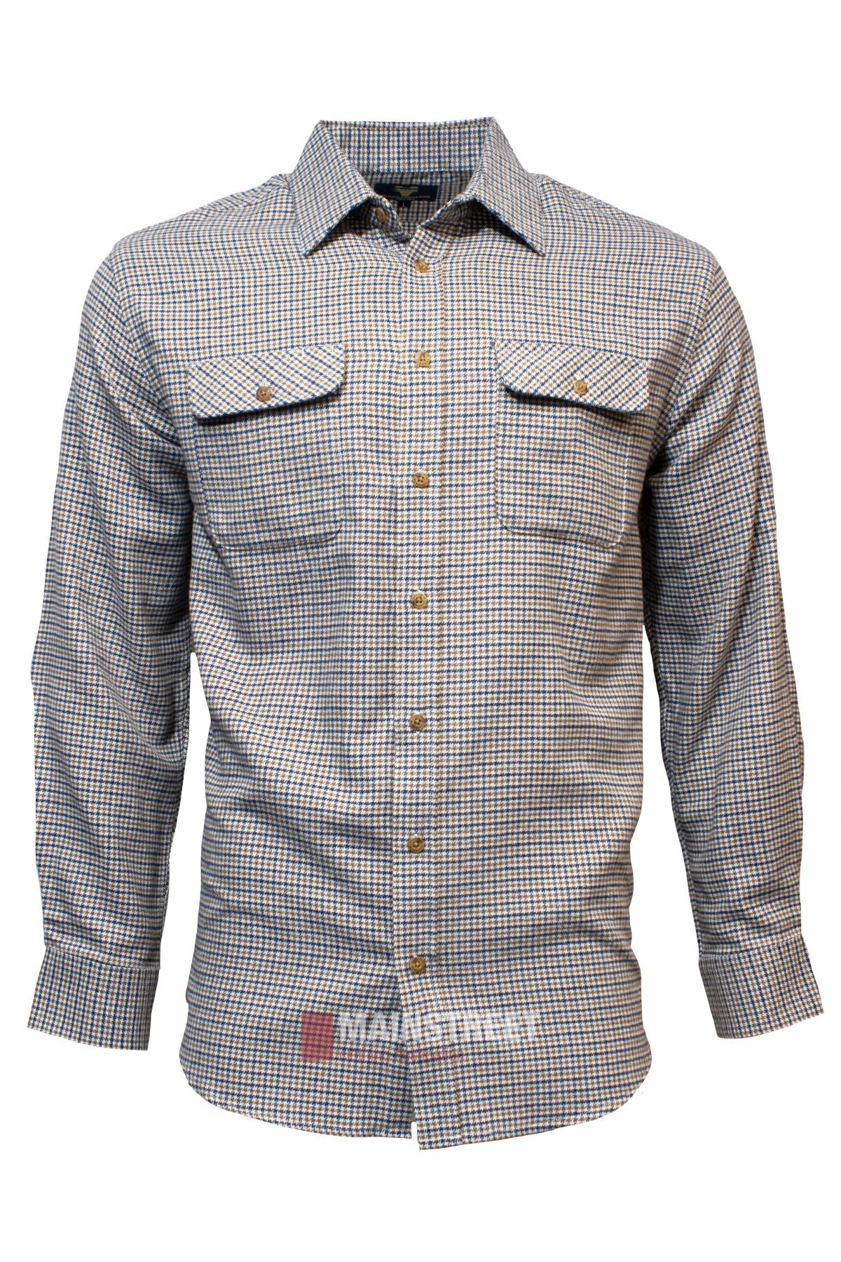 The Vonnella Double Pocket Shirt is a comfortable long sleeve with a small blue and brown checkered pattern, two buttoned chest pockets, and a pointed collar for classic style.
