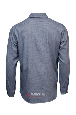 Back view of the Vonnella Double Pocket Shirt in blue with a subtle check pattern and buttoned chest pockets, shown on a plain white background.