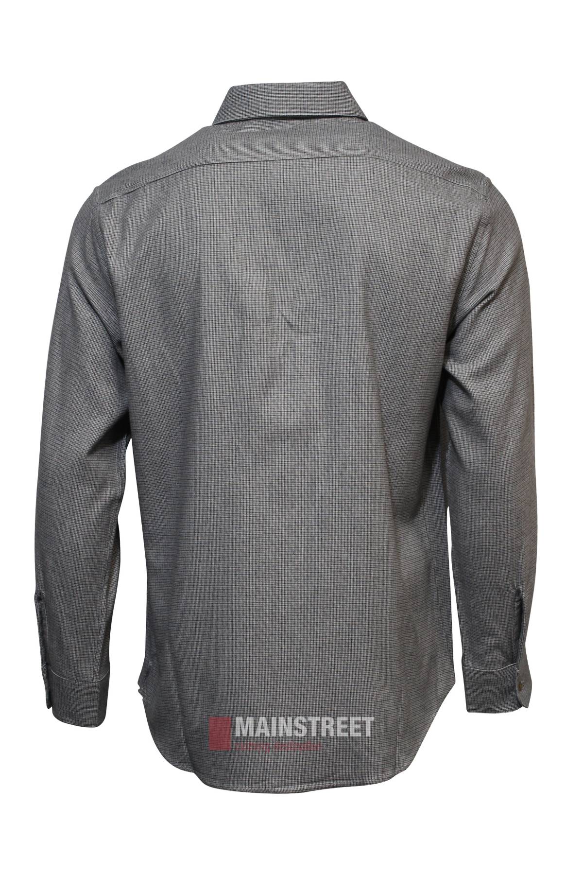 The Vonnella Double Pocket Shirt in gray is a comfortable long sleeve with a subtle checkered pattern, buttoned cuffs, and chest pockets. "MAINSTREET" is displayed at the bottom of the image.