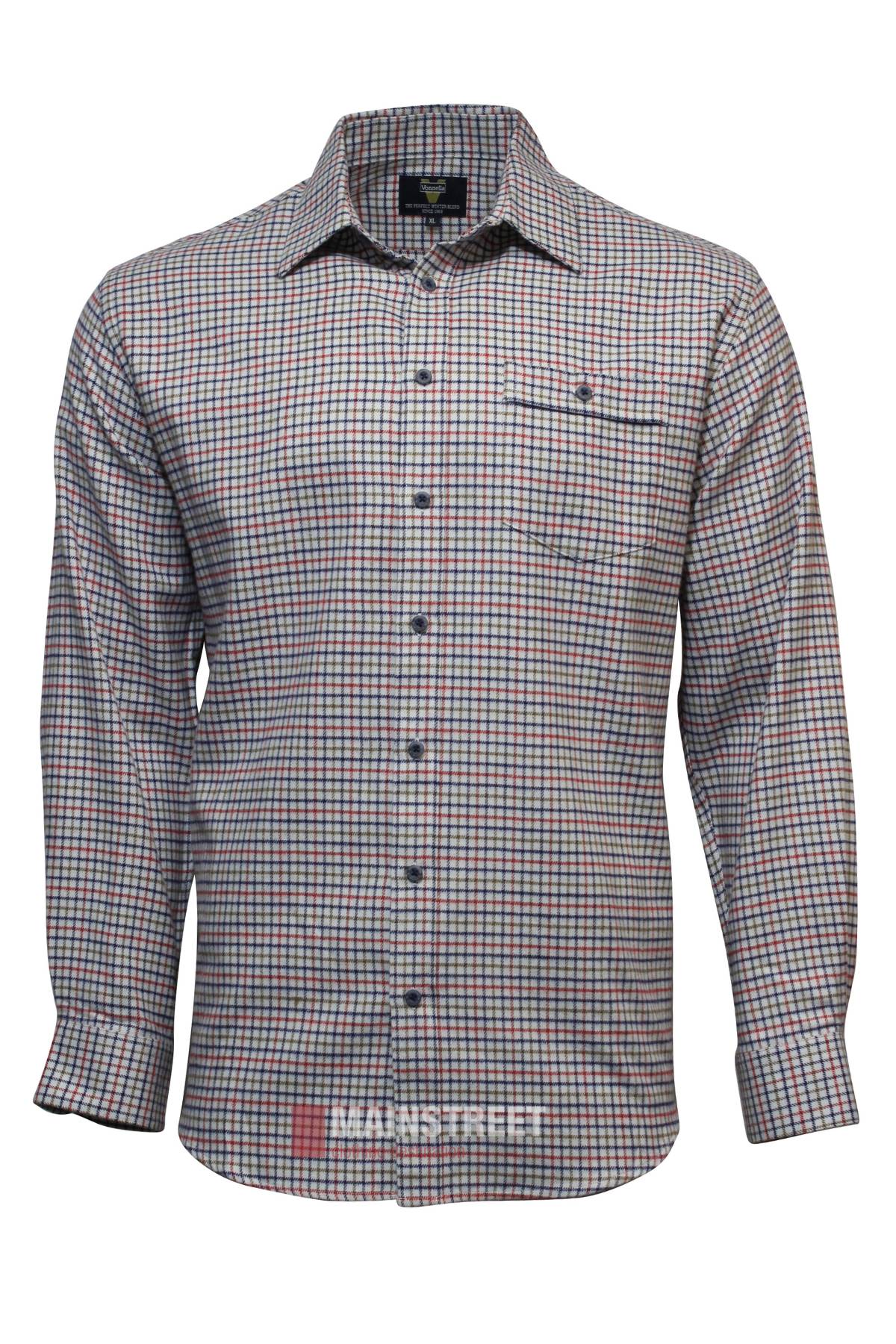 The Vonnella Single Pocket Shirt is a long-sleeved men’s button-front shirt with a small red, blue, and white checkered pattern, chest pocket, and classic collar.