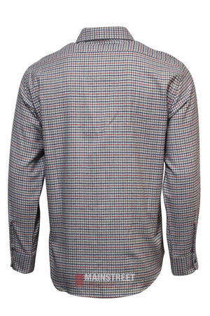 The Vonnella Single Pocket Shirt features long sleeves, a button front, and a small blue, red, and white checkered pattern, shown from the back.