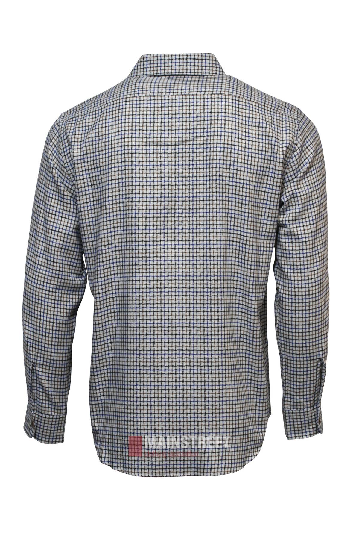 The Vonnella Single Pocket Shirt, featuring long sleeves and a blue, white, and beige checkered pattern, is shown from the back.