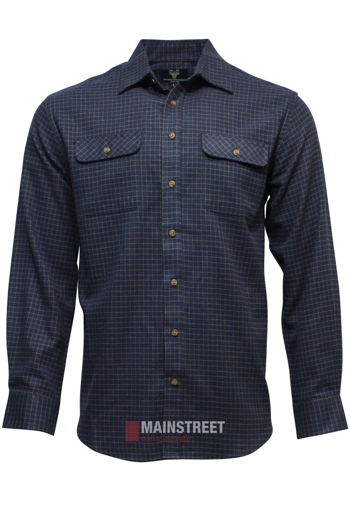 The Vonnella Double Pocket Shirt in navy blue and red check features buttoned chest pockets and a classic button-up front, shown on a plain white background.
