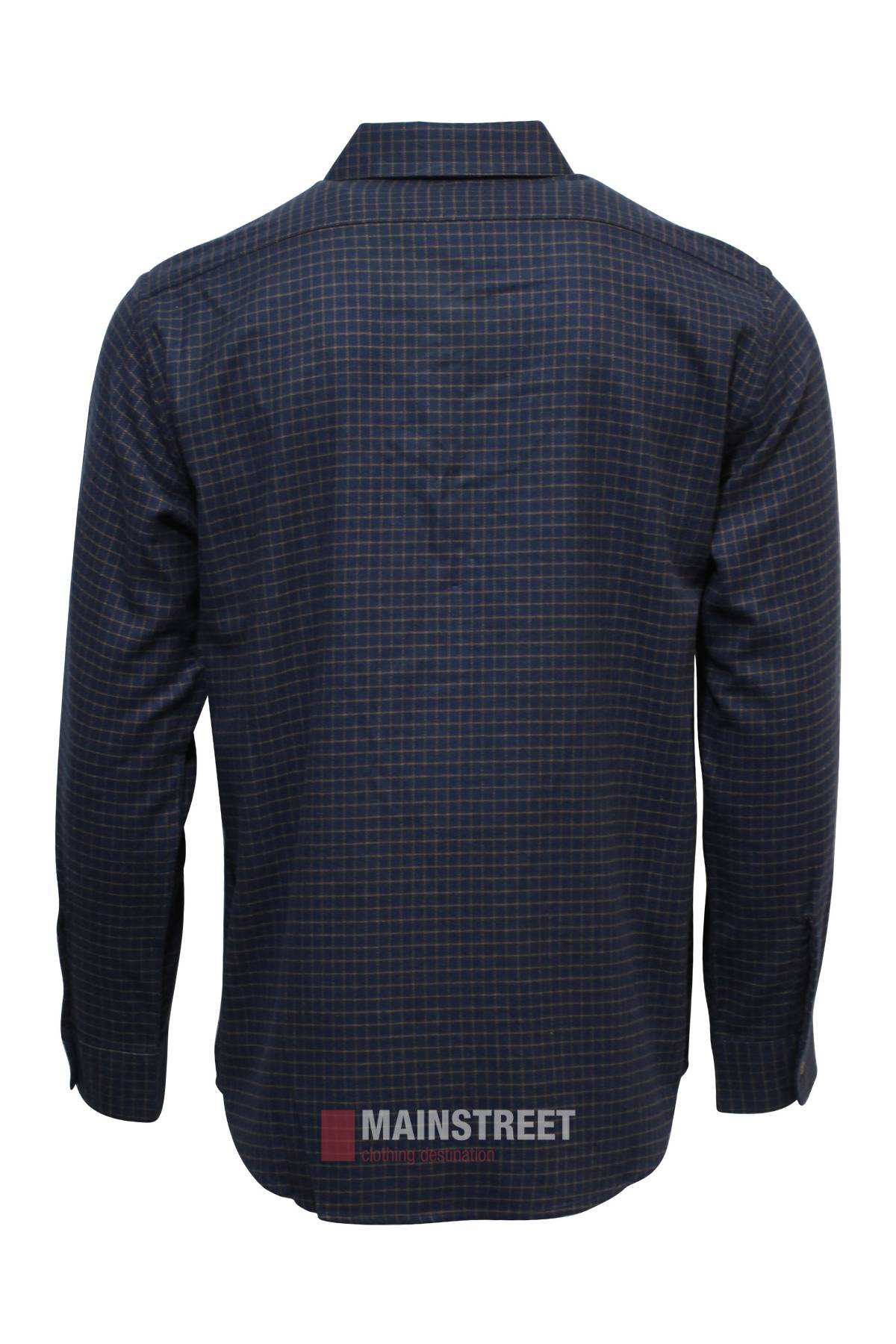 The Vonnella Double Pocket Shirt in navy blue features a small checkered pattern, long sleeves, a collar, and buttoned cuffs. Shown from the back against a white background.