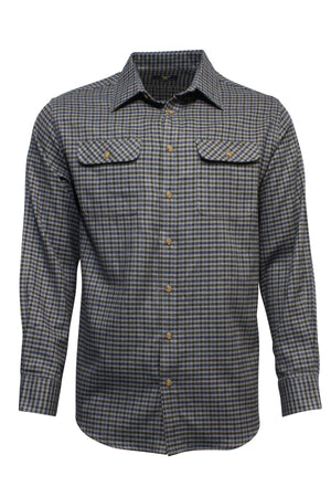 The Vonnella Double Pocket Shirt is a long-sleeved, collared shirt featuring two buttoned chest pockets and a blue, gray, and yellow plaid check pattern.