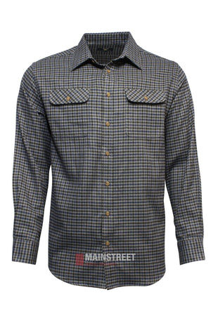 The Vonnella Double Pocket Shirt is a long-sleeve, button-up plaid shirt with brown buttons, buttoned chest pockets, and a blue, gray, and white check pattern. "MAINSTREET" is subtly overlaid at the bottom.