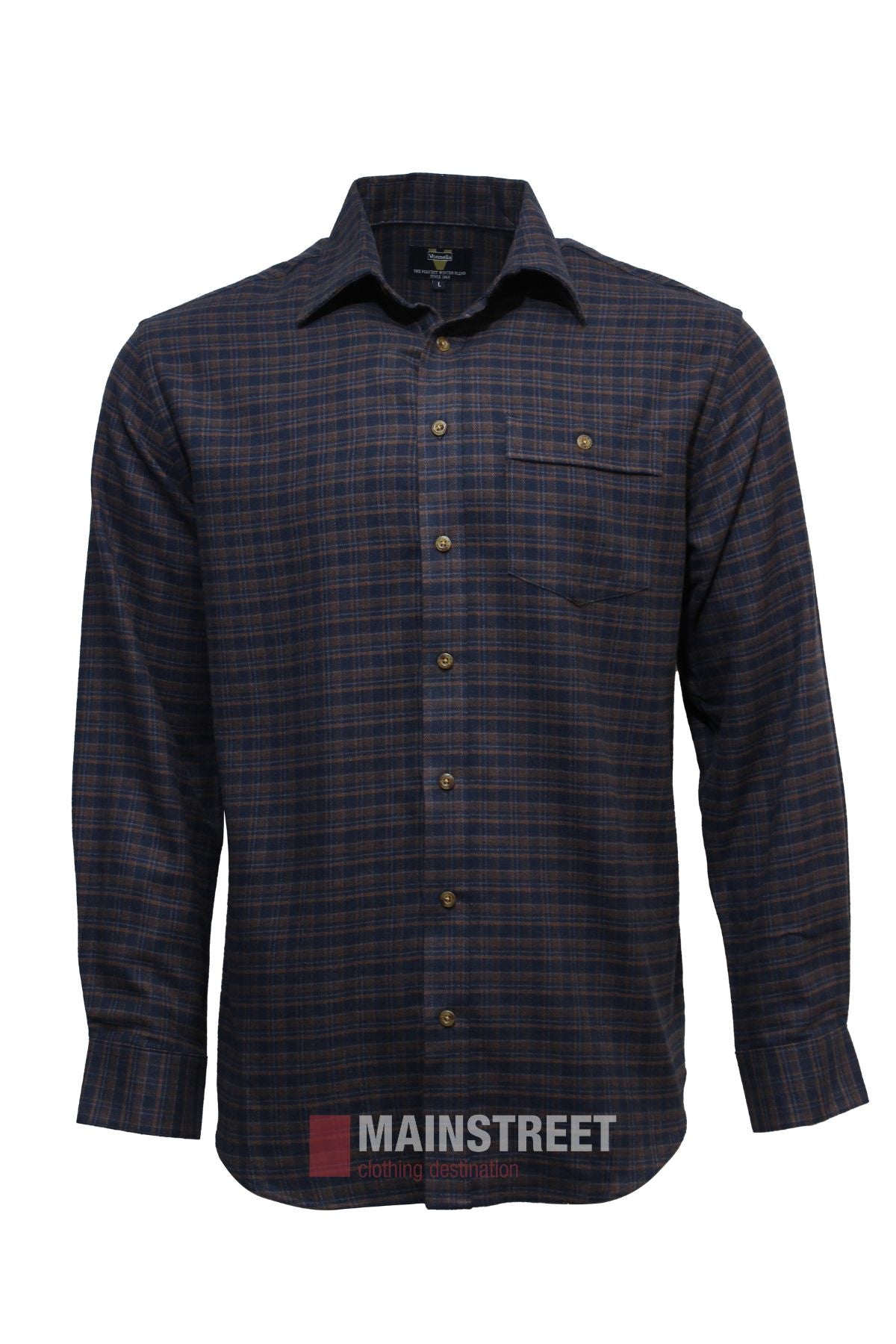 The Vonnella Single Pocket Shirt is a long-sleeve, button-up shirt with a navy blue and brown plaid pattern and one chest pocket, shown on a plain white background.