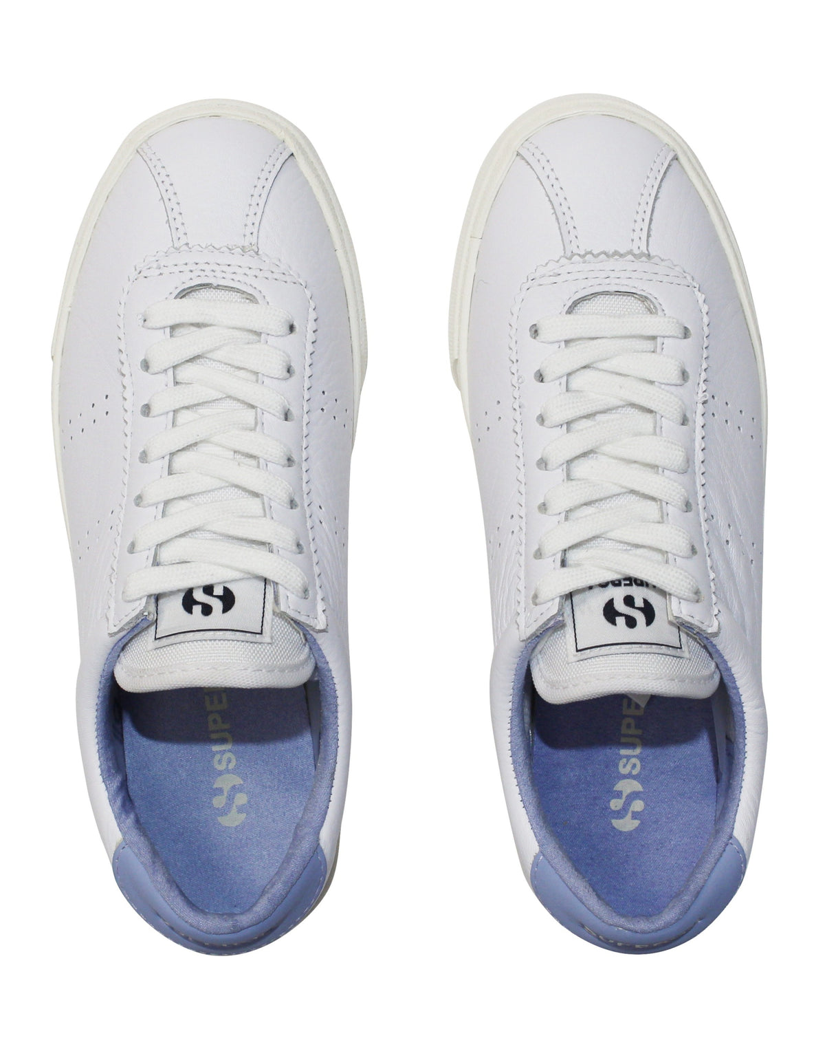 The Superga 2843 Club S Comfort Leather Sneaker features white leather, light blue interior lining, a vulcanised gum sole, and white laces, with a logo on the tongue.