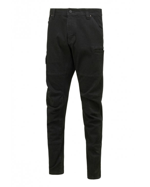 The Hard Yakka Dyneema Tough Jean is a pair of black slim-fit cargo pants made from abrasion-resistant fabric, with multiple side and back pockets, displayed against a plain white background.
