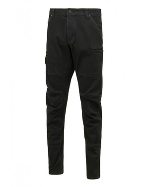 The Hard Yakka Dyneema Tough Jean is a pair of black slim-fit cargo pants made from abrasion-resistant fabric, with multiple side and back pockets, displayed against a plain white background.