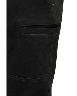 Close-up of Hard Yakka Dyneema Tough Jean's black denim fabric, accented by a flap pocket and visible stitching that emphasizes its tear and abrasion resistance, highlighting the texture and design details of this durable material.