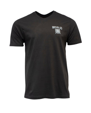 The Rip Curl Cosmic Burst Tee is a plain black 100% cotton t-shirt with a small white "RIP CURL CO" logo and graphic on the left chest, shown on a white background.