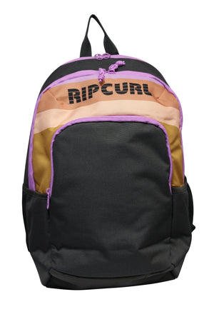 The Rip Curl Ozone 2.0 30L Backpack is made from recycled polyester and features beige and orange horizontal stripes at the top, purple accents around the zippers, a "Rip Curl" logo, two side pockets, and a top handle.