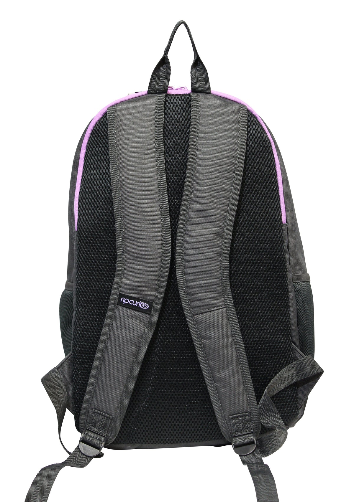 The Rip Curl Ozone 2.0 30L Backpack is made from recycled polyester in a gray and black design with pink trim, ideal for school. It offers padded shoulder straps, a breathable mesh back, adjustable straps, and a subtle brand logo on one strap for enhanced comfort and functionality.