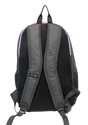 The Rip Curl Ozone 2.0 30L Backpack is made from recycled polyester in a gray and black design with pink trim, ideal for school. It offers padded shoulder straps, a breathable mesh back, adjustable straps, and a subtle brand logo on one strap for enhanced comfort and functionality.