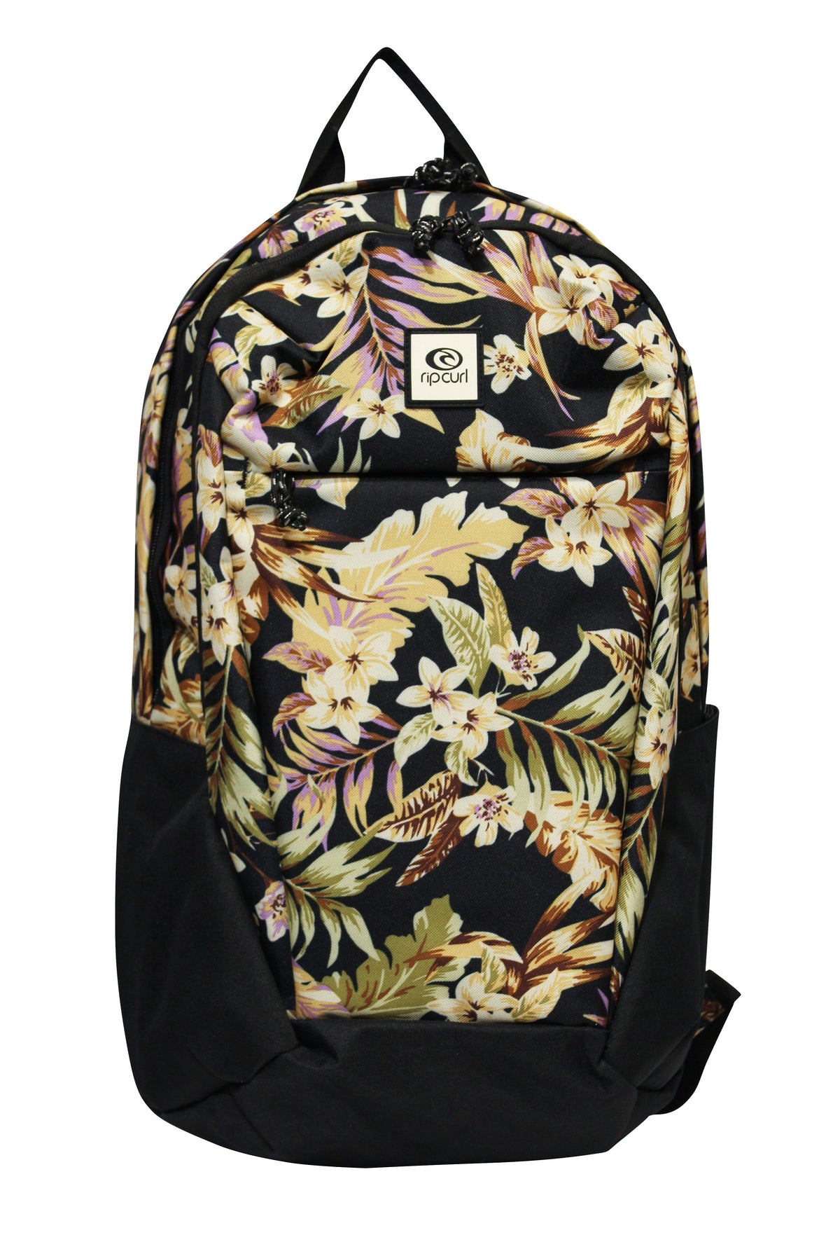 The Rip Curl Overtime 30L Backpack is made from recycled polyester, featuring cream and purple floral and green leaf patterns on a black background. It includes a front pocket logo and ample space for a 15" laptop.