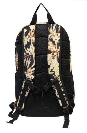 The Rip Curl Overtime 30L Backpack is black with yellow and pink floral patterns, made from recycled polyester. It includes padded straps, a top handle, and a dedicated 15" laptop compartment.