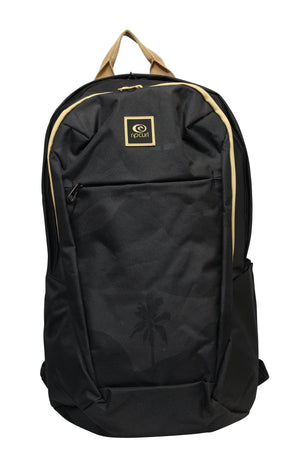 The Rip Curl Overtime 30L Backpack features a subtle palm tree design and is made from recycled polyester. It has a beige handle, zippers, a front pocket, and fits a 15" laptop. The brand logo is centered near the top.