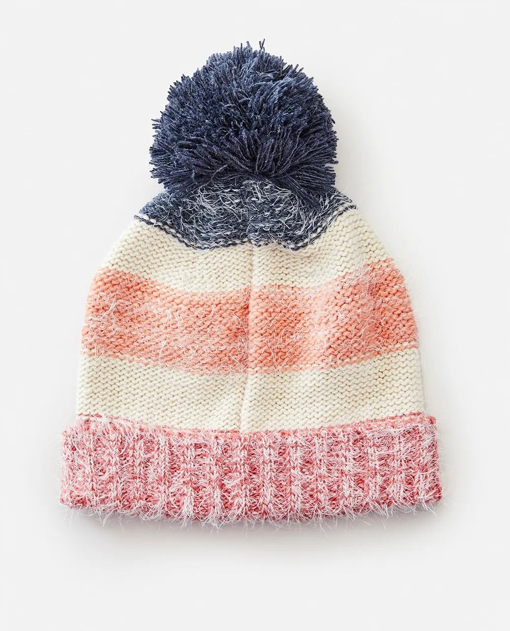The Rip Curl Surf Tree House Pom Pom Beanie has a knitted design with a playful pom-pom, featuring blue, cream, and pink horizontal stripes and a fuzzy pink textured bottom edge.