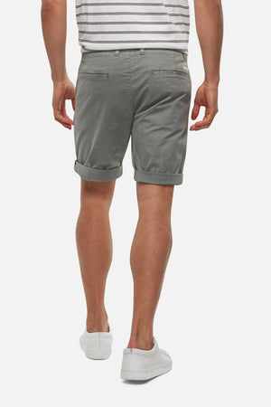 A person is standing with their back to the camera, wearing an Industrie white striped shirt, rolled-up Industrie The Rinse shorts in gray, and comfortable white sneakers. The background is plain white.