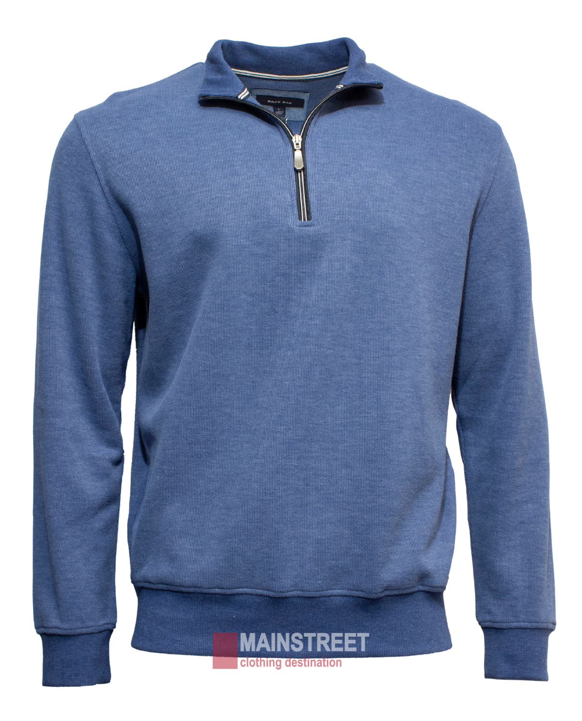 The Back Bay Peached French Rib Fleece is a blue long-sleeve jumper featuring a half-zip design, contrasting trim on the collar and zipper, and a rib-knit texture. "MAINSTREET clothing destination" appears at the bottom, making it ideal for casual outings.