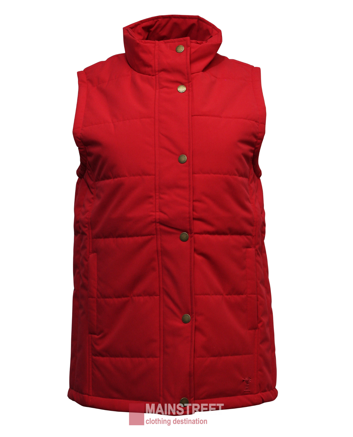 The Pilbara Ladies Vest is a sleeveless red puffer with Polyfill, high collar, five brass buttons, two large front pockets, square stitching, and features the “Mainstreet clothing destination” logo at the bottom.