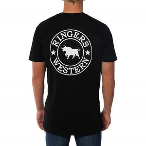 A person is wearing the Ringers Western Signature Bull Original Fit T-Shirt, which features a comfortable black design with "RINGERS WESTERN" encircling an image of a bull on the back. This 100% cotton tee is paired casually with blue jeans. The image is taken from behind.