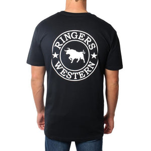 A person wearing a Ringers Western Signature Bull Original Fit T-Shirt made from comfortable 100% cotton in black, featuring a large circular logo on the back. The logo showcases a bull in the center, with "Ringers Western" arched above it and stars on either side. The person is facing away, prominently displaying the logo against a white background.