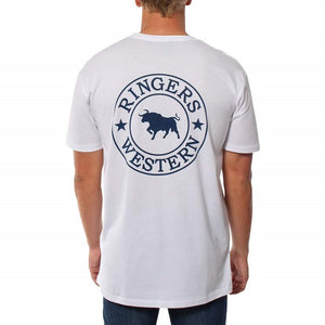 A man wearing the Ringers Western Signature Bull Original Fit T-Shirt is seen from behind, showcasing its comfortable design. The T-shirt is made of 100% cotton and features a white color with a blue circular logo on the back that reads "Ringers Western" and includes a bull silhouette in the center.